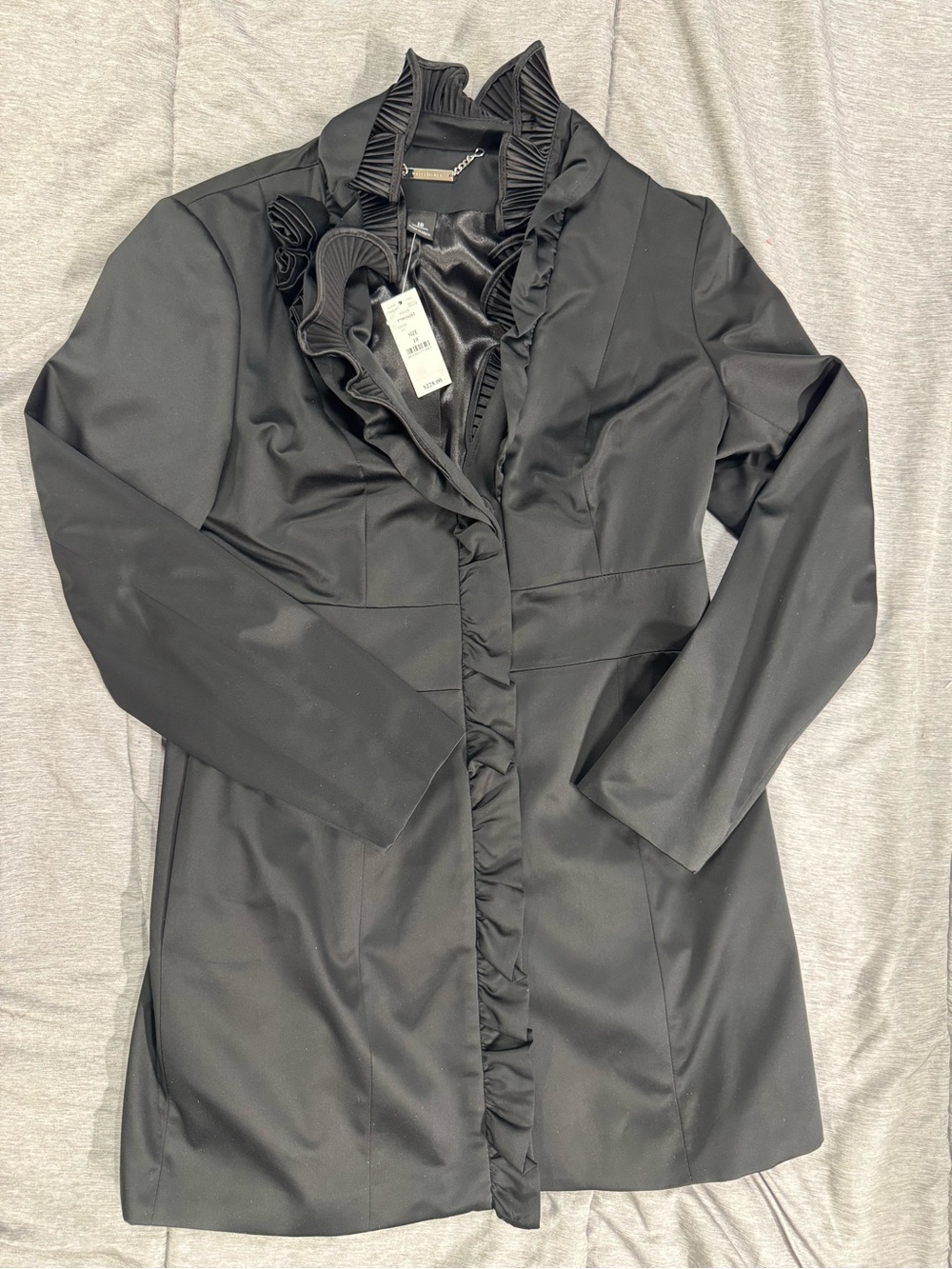 White House Black Market Black Satin Ruffle-Trim Coat